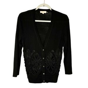 Tory Burch Black Merino Wool Beaded V Neck Sweater Cardigan Size Medium‎